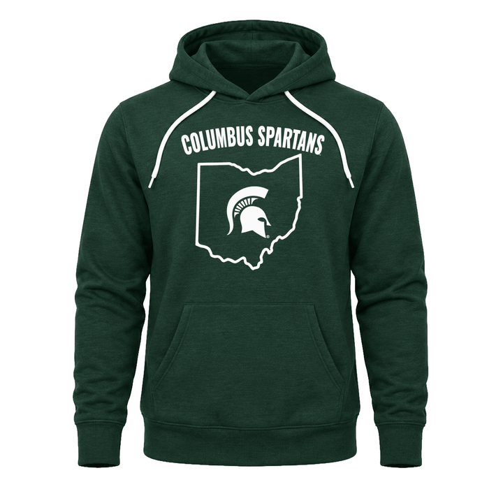Green Michigan State Columbus Spartans sweatshirt hoodie with Ohio outline design across the chest. 