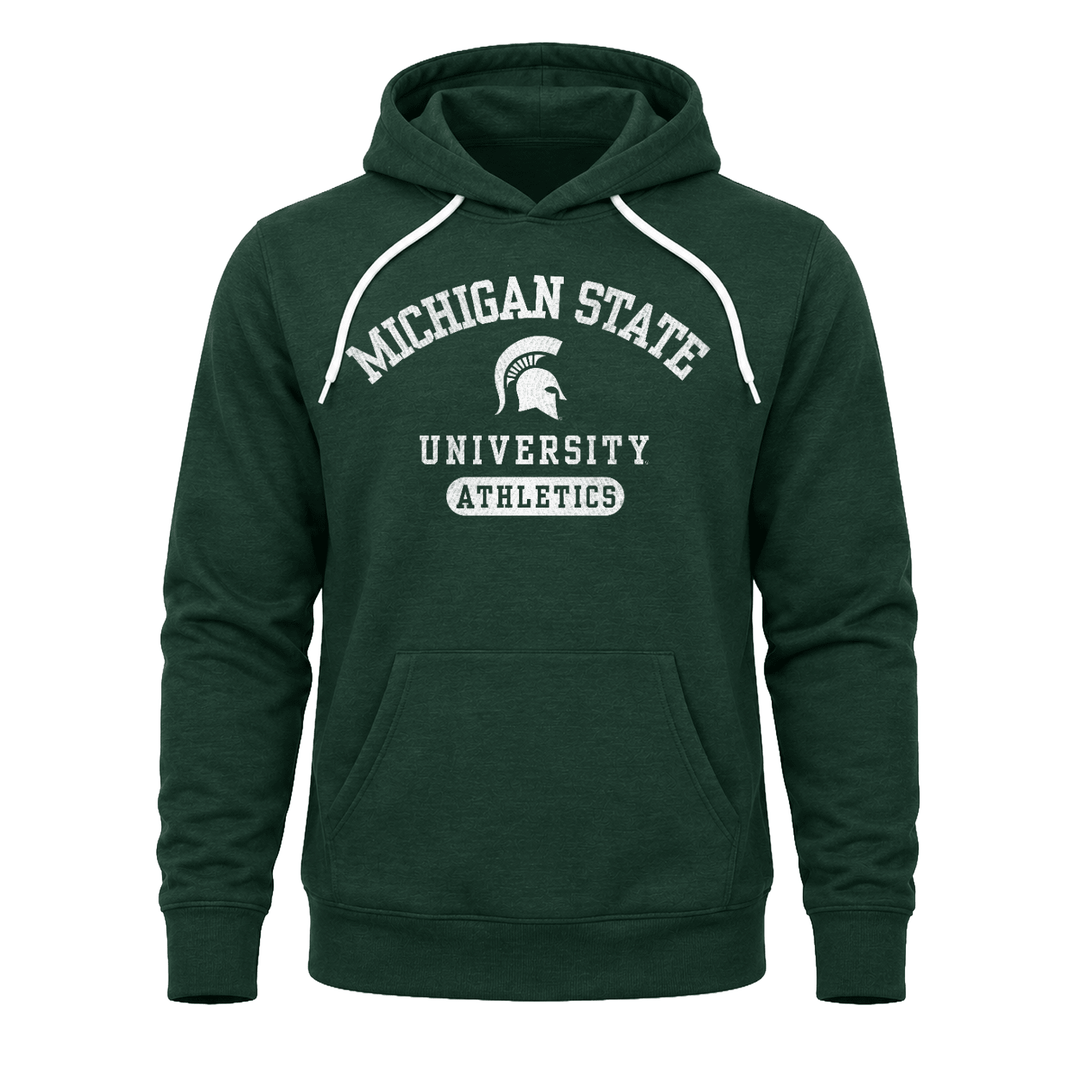 Green Michigan State sweatshirt hoodie with "Michigan State University Atheltics" design across the chest. 
