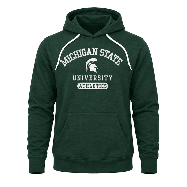 Green Michigan State sweatshirt hoodie with "Michigan State University Atheltics" design across the chest. 