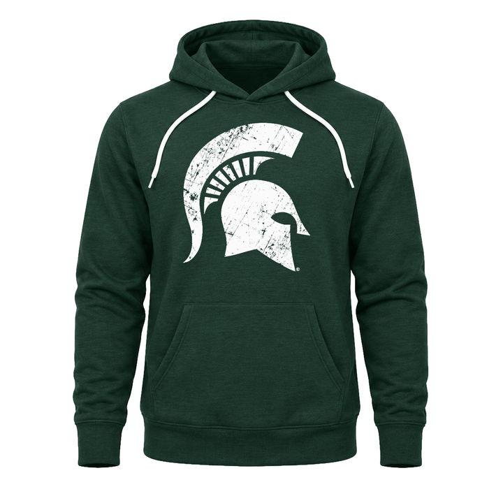 Green Michigan State hoodie sweatshirt with big Spartan helmet logo on the chest.