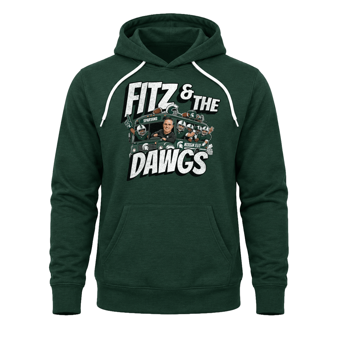 Green Michigan State football sweatshirt hoodie with "Fitz & The Dawgs" printed on the chest, and MSU football bus design.