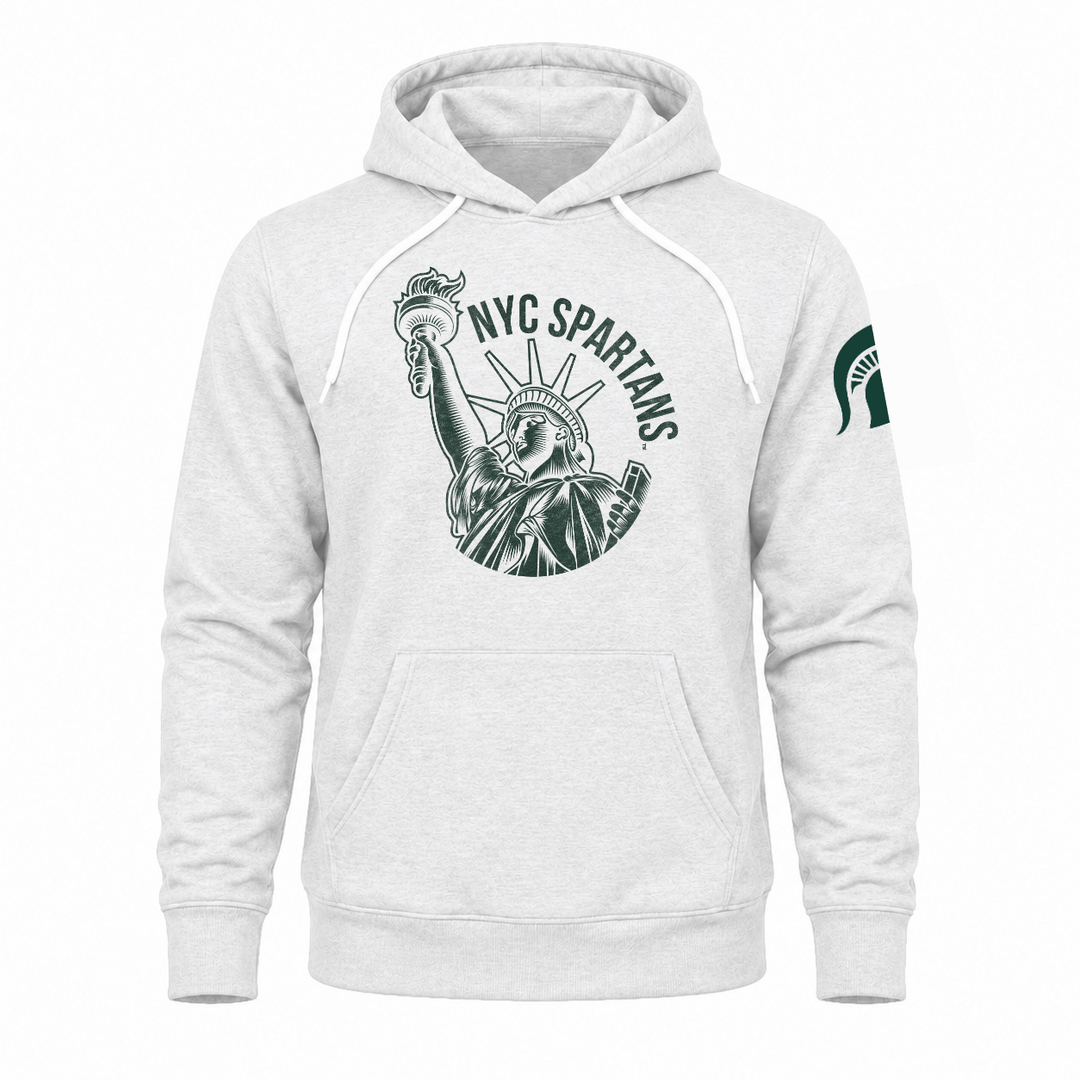 White Michigan State sweatshirt hoodie with NYC Spartans Statue of Liberty design across chest area.