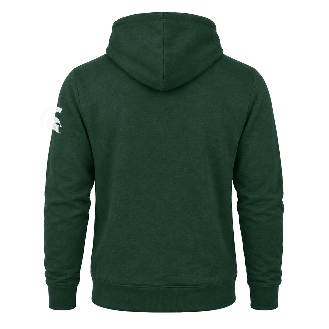 Backside of green Michigan State hoodie.