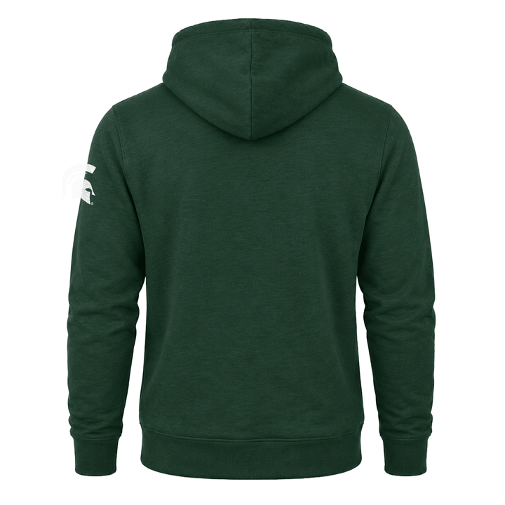 Backside of green Michigan State hoodie.