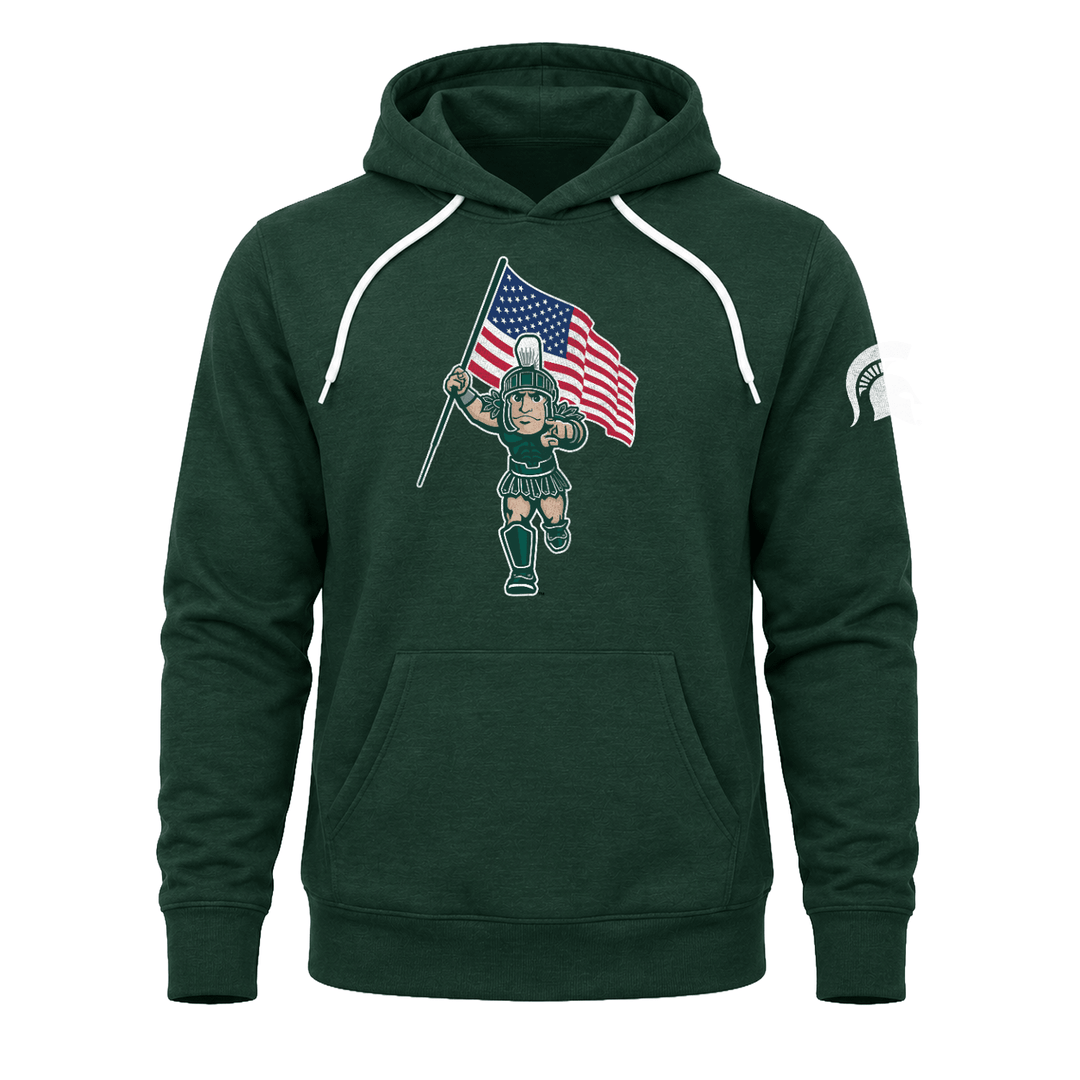 Green Michigan State hoodie with Sparty holding USA flag design printed across the chest.