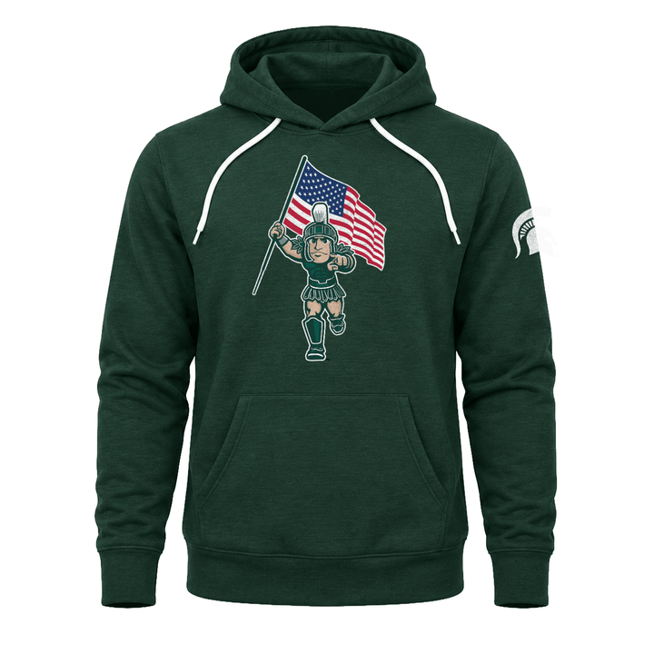 Green Michigan State hoodie with Sparty holding USA flag design printed across the chest.