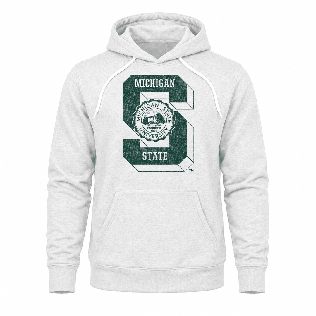White vintage Michigan State University hoodie with block S design.