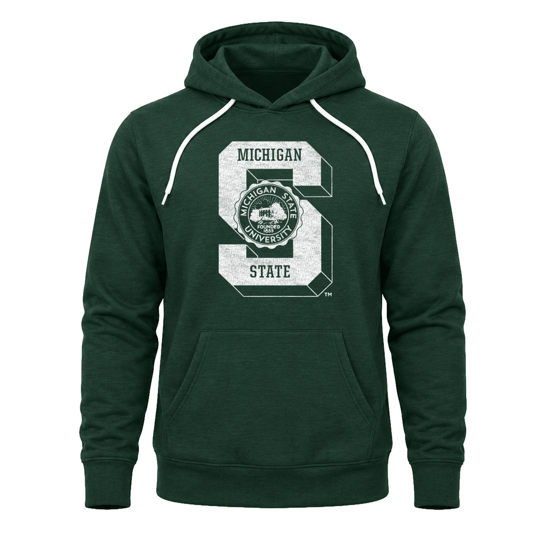 Green vintage Michigan State University hoodie with block S design.