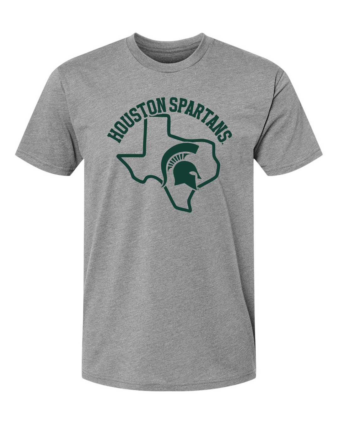Gray t-shirt with 'Houston Spartans' and Spartan logo design on a white background