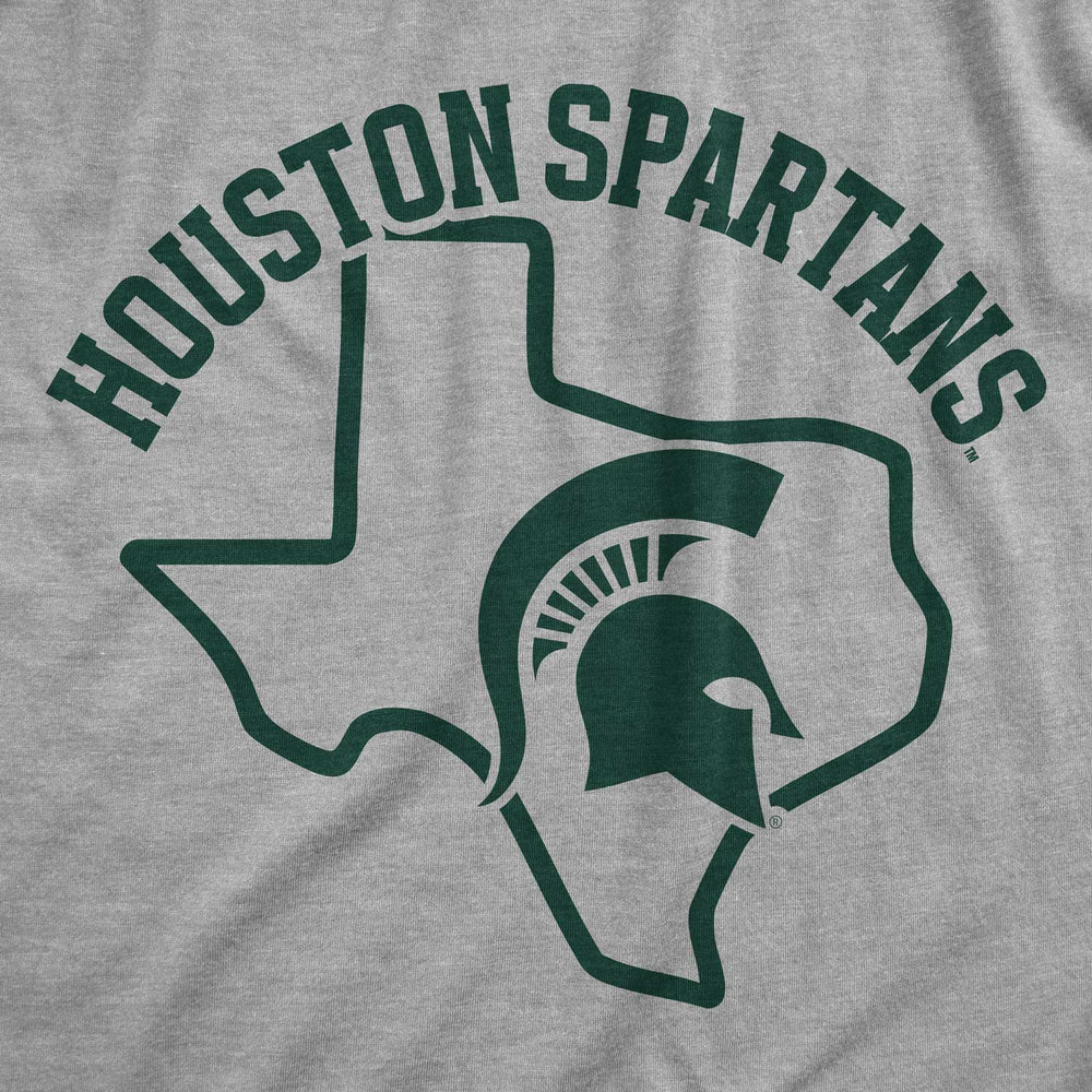 Gray t-shirt with 'Houston Spartans' text and Spartan helmet design on a Texas map outline.