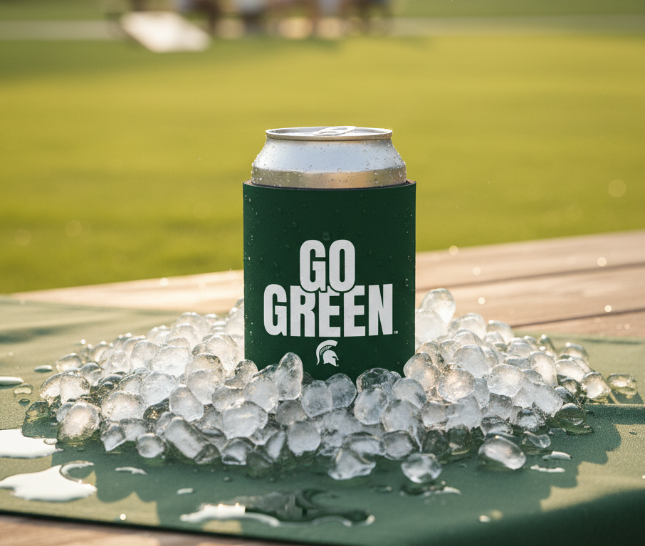Green Michigan State koozie with white "Go Green" and Spartan Helmet print surrounded by ice cubes