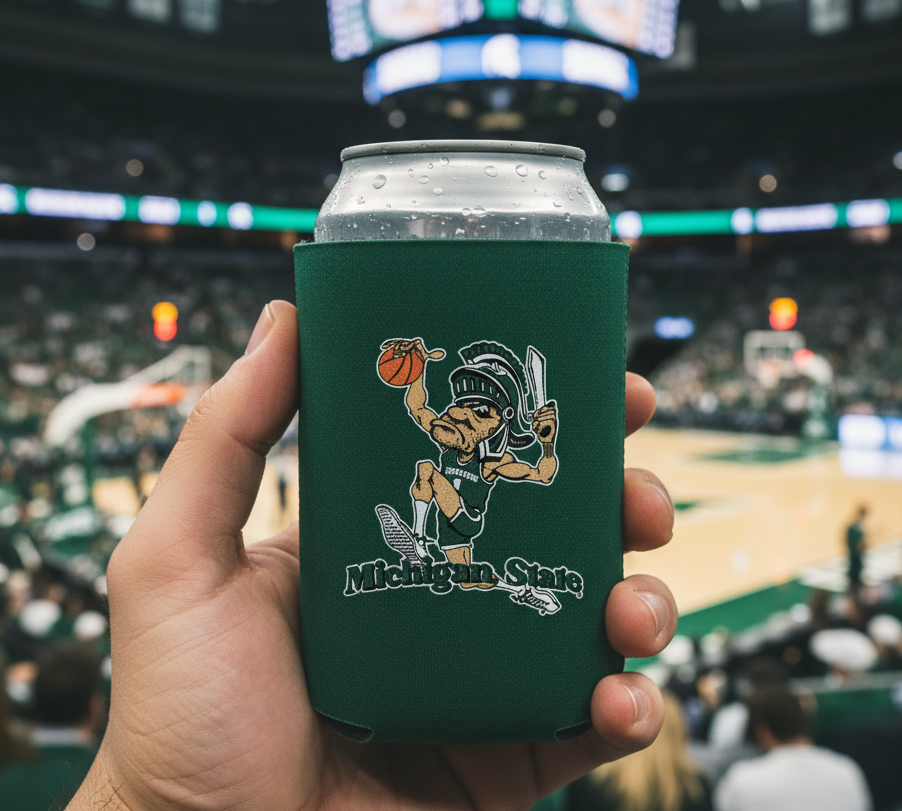 Green Michigan State can cooler with vintage Dunking Gruff Sparty printed logo