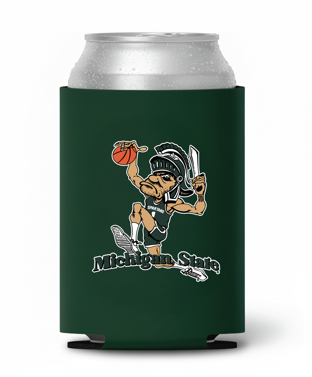 Green Michigan State can cooler with vintage Dunking Gruff Sparty printed logo