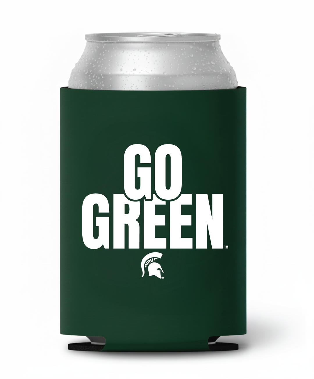 Green Michigan State koozie with white "Go Green" and Spartan Helmet print
