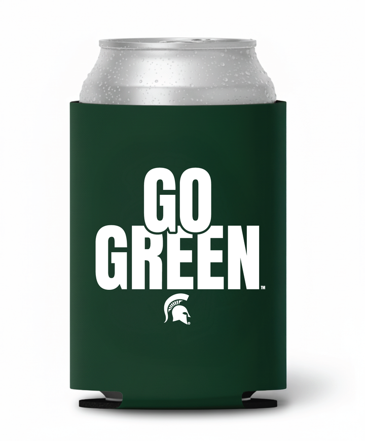 Green Michigan State koozie with white "Go Green" and Spartan Helmet print