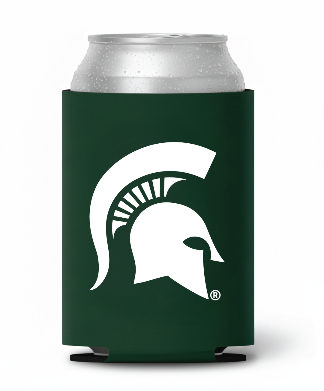 Green Michigan State koozie with white Spartan Helmet logo
