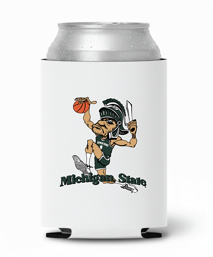 White Michigan State can cooler with vintage Dunking Gruff Sparty printed logo