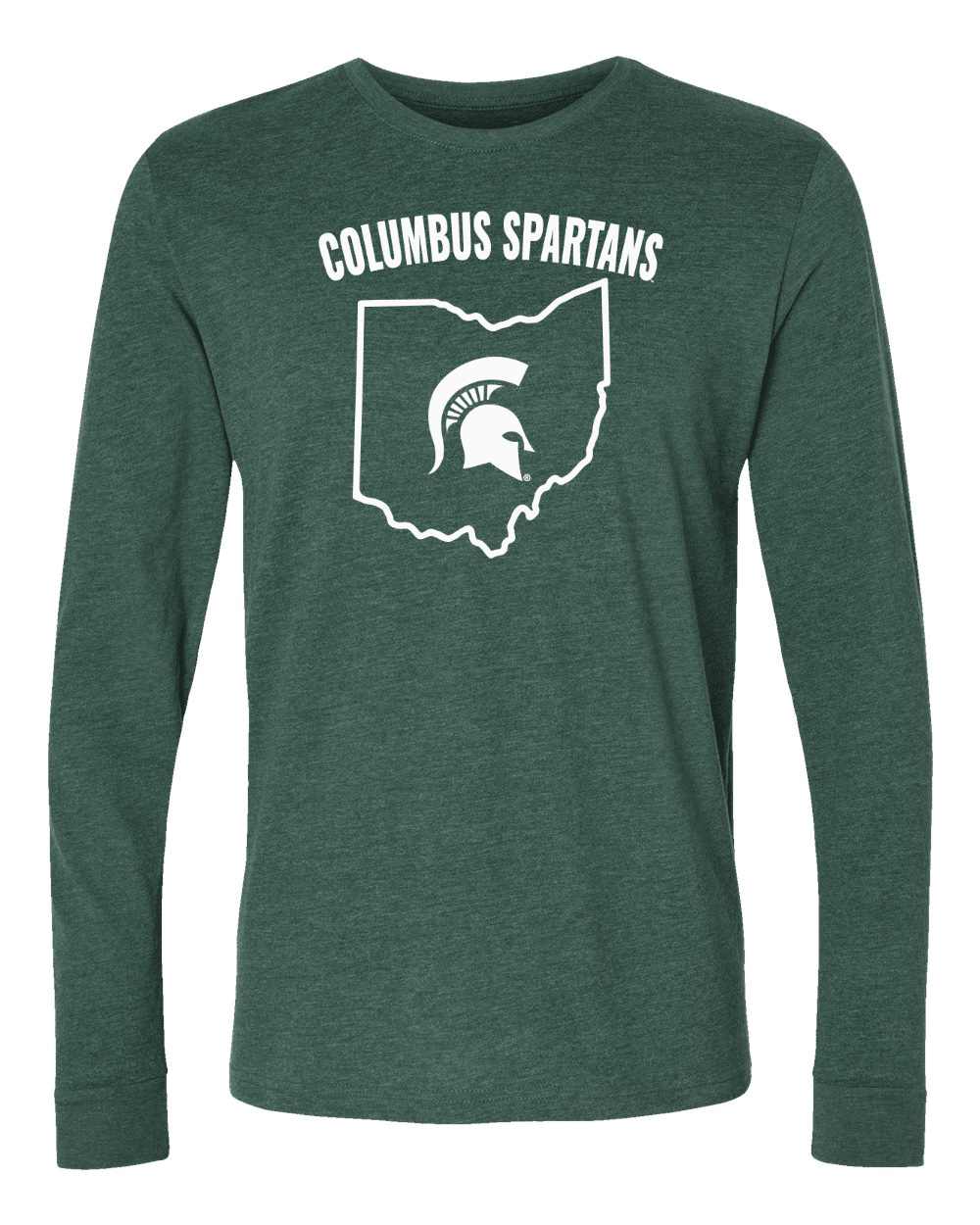 Green Michigan State Columbus Spartans shirt with Ohio outline design across the chest.