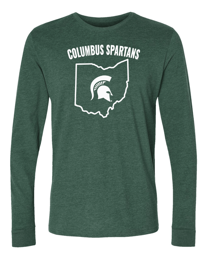 Green Michigan State Columbus Spartans shirt with Ohio outline design across the chest.