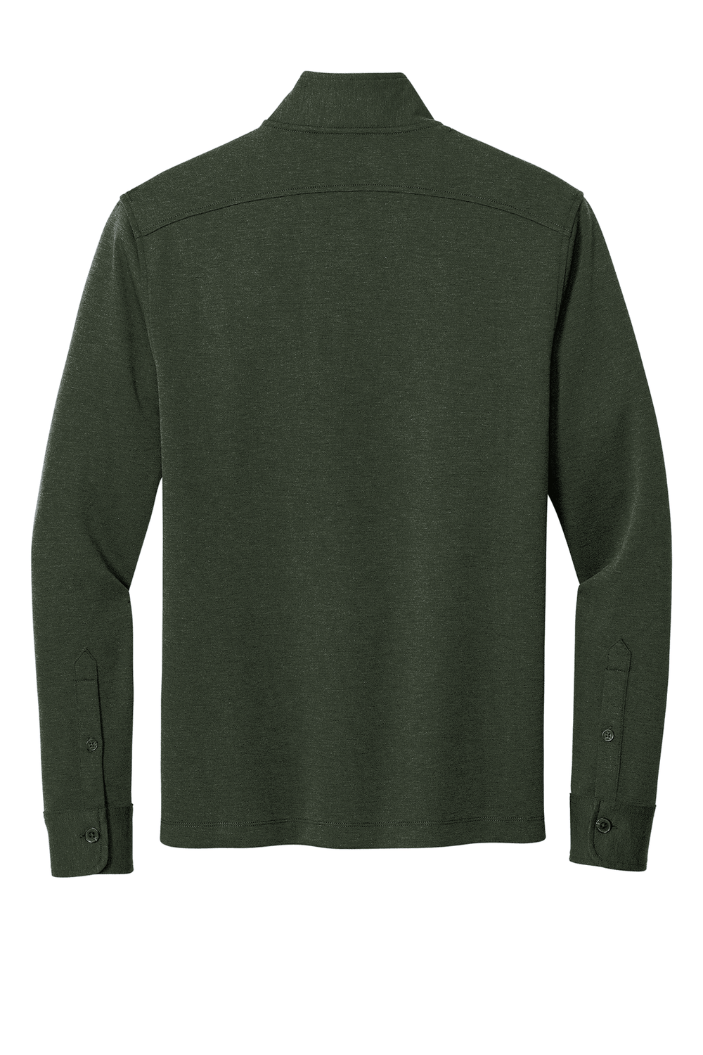 Backside of green Brooks Brothers long-sleeve shirt with MSUCM logo on a white background