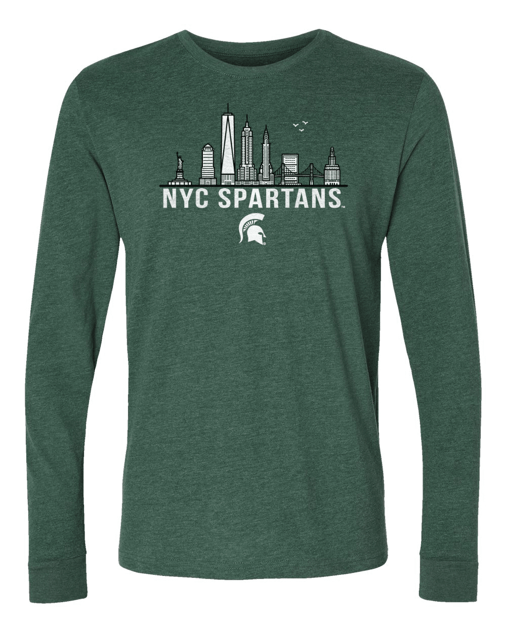 Green long sleeve Michigan State shirt with NYC Spartans design across chest.
