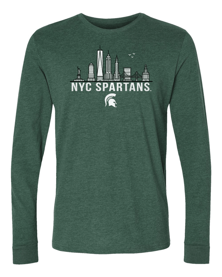 Green long sleeve Michigan State shirt with NYC Spartans design across chest.