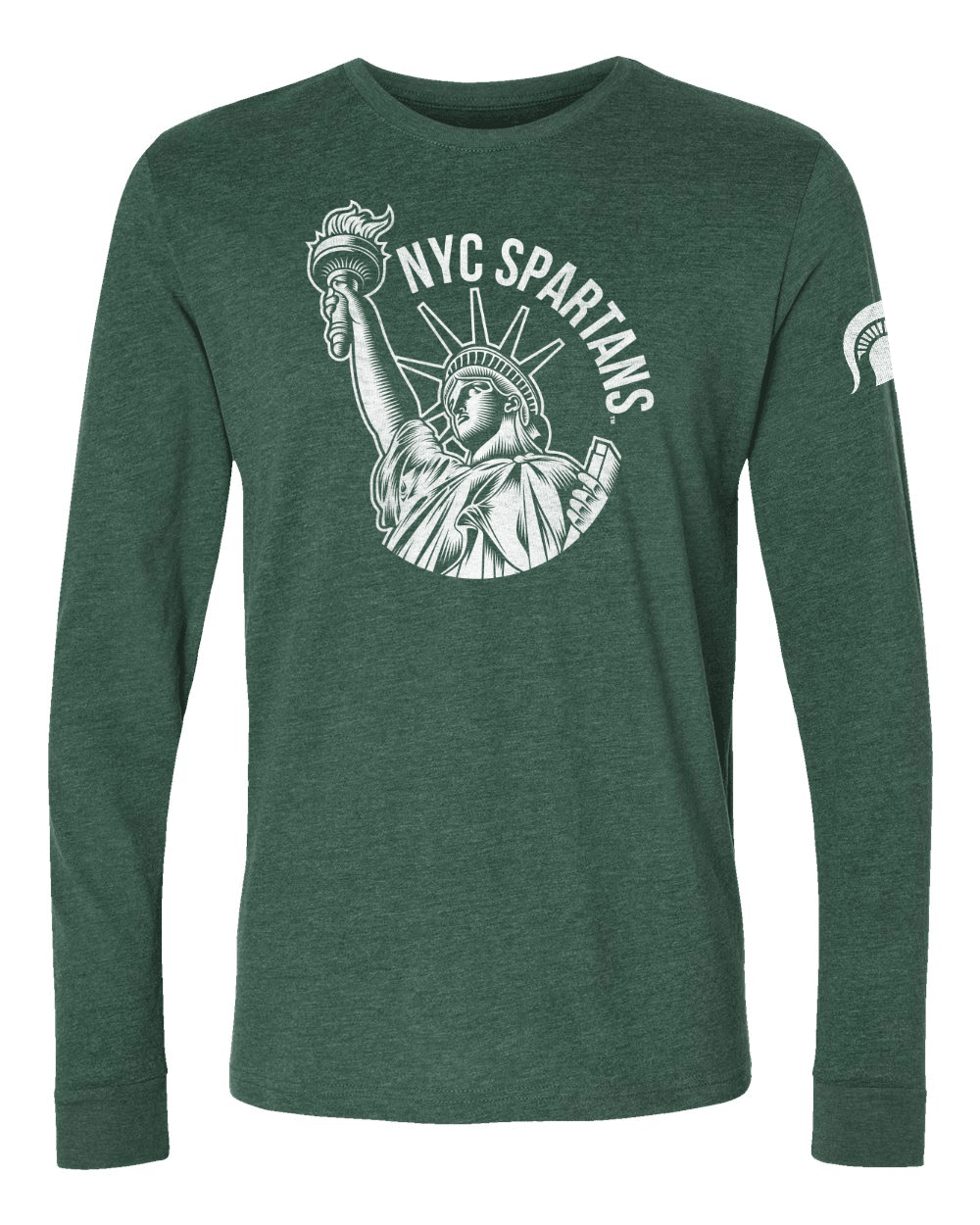 Green long-sleeve shirt with Statue of Liberty graphic and 'NYC Spartans' text on a white background