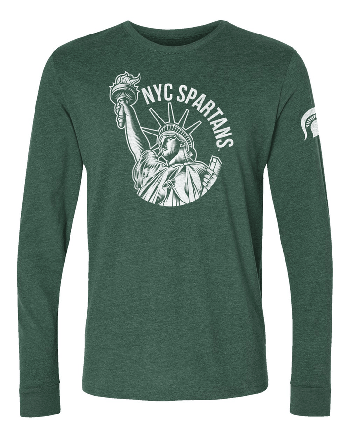 Green long-sleeve shirt with Statue of Liberty graphic and &