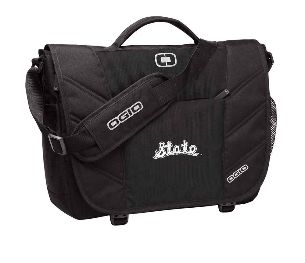 Black Michigan State messenger back with Script State logo embroidered on the front in white thread.