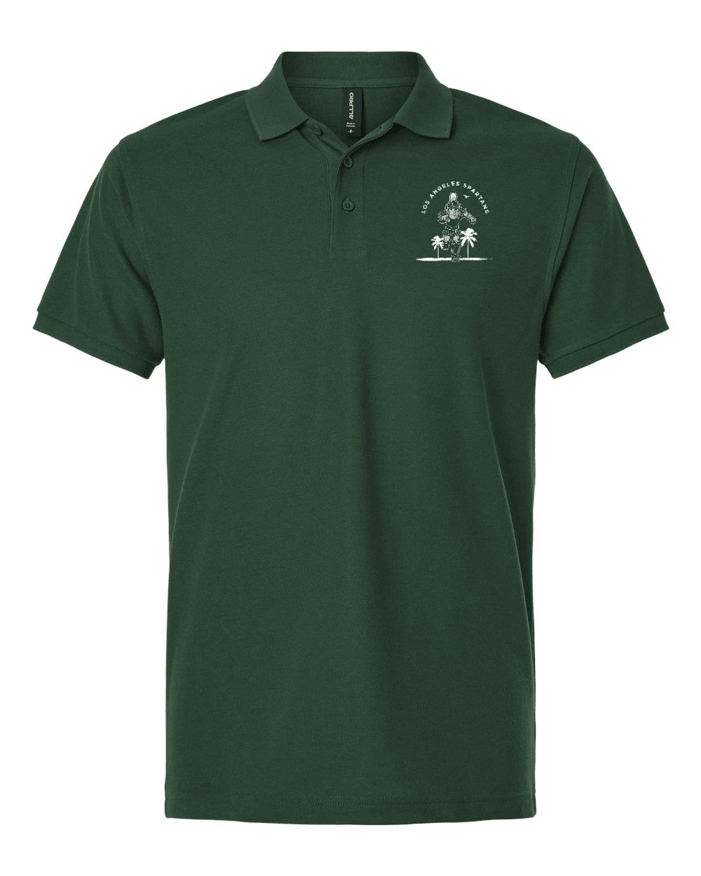 Green Michigan State polo shirt with Los Angeles Spartans design logo printed on right chest area.
