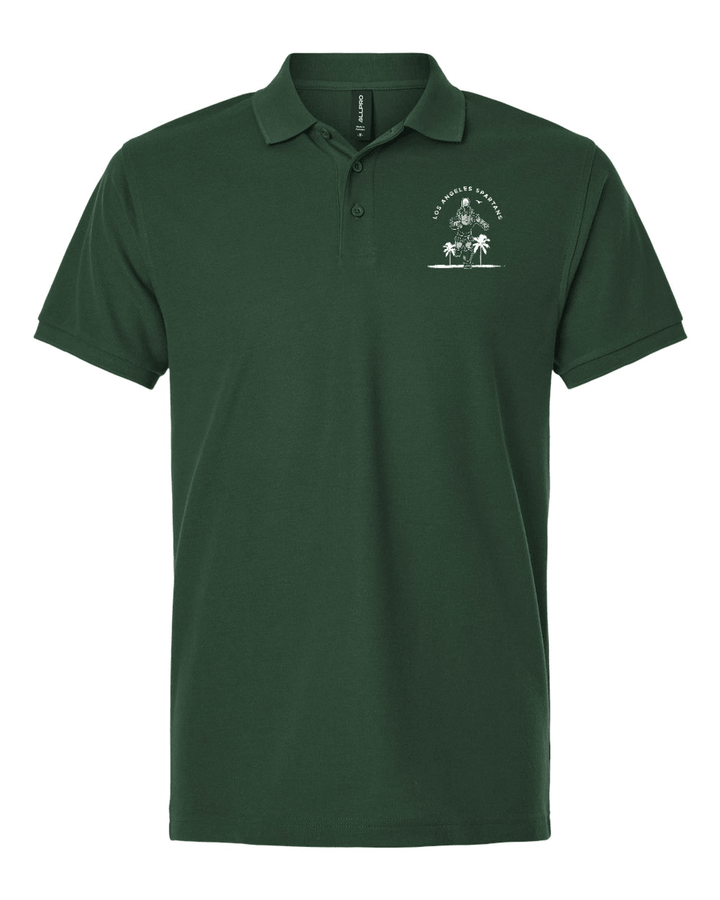Green Michigan State polo shirt with Los Angeles Spartans design logo printed on right chest area.