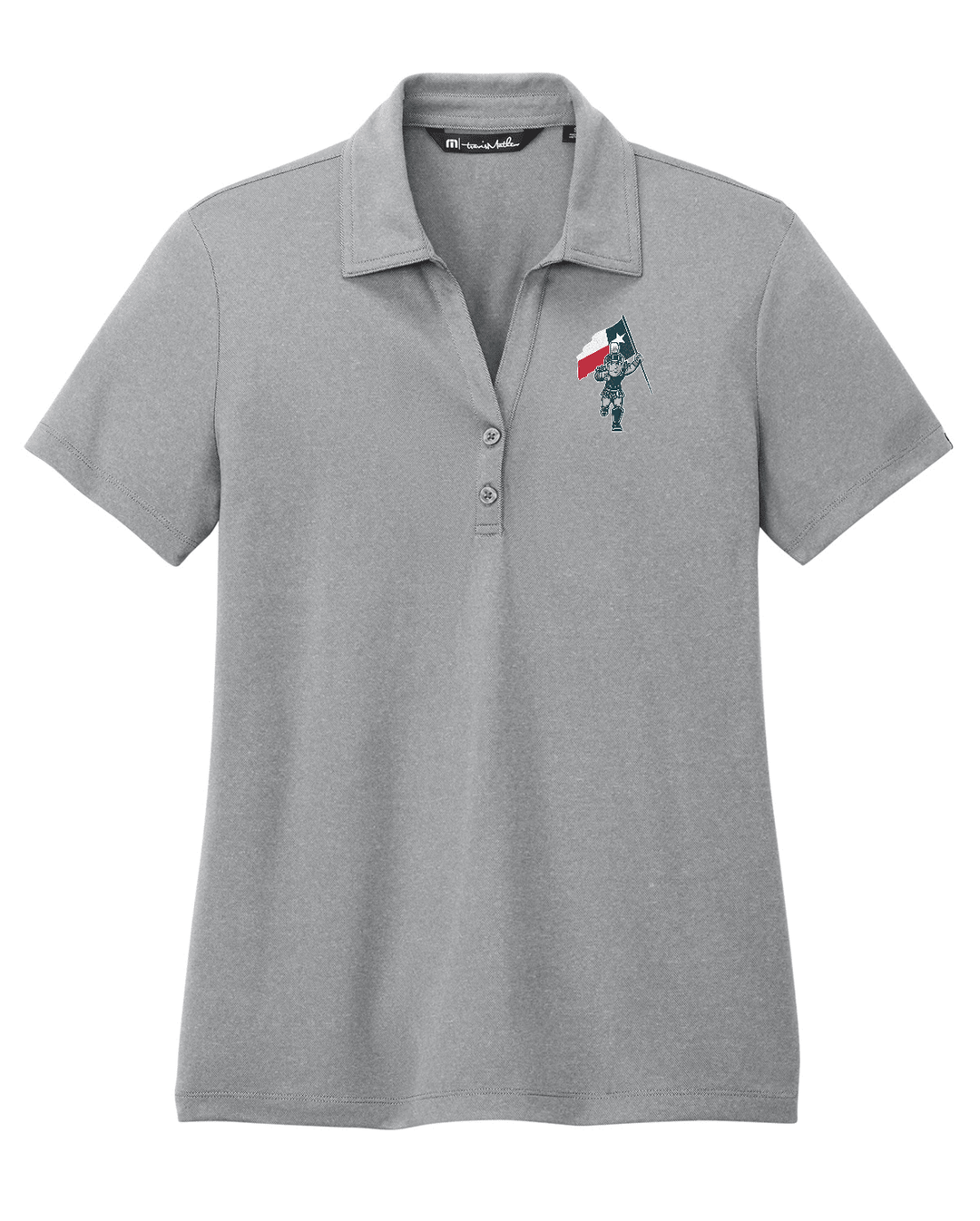 Grey Michigan State polo shirt with Sparty logo holding Texan flag on top right of chest area. 