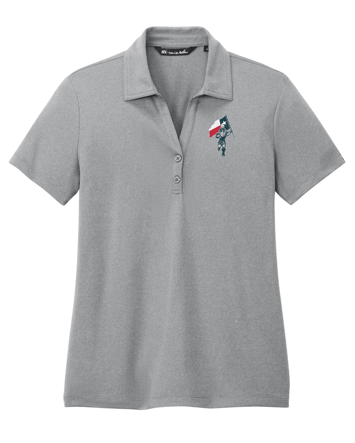 Grey Michigan State polo shirt with Sparty logo holding Texan flag on top right of chest area. 