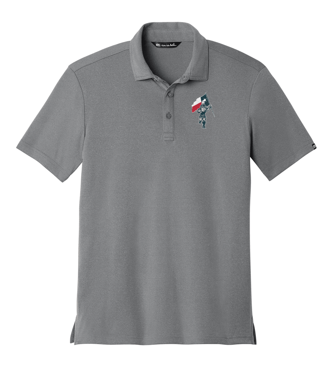 Grey Michigan State polo shirt with Sparty logo holding Texas flag on top right of chest area.