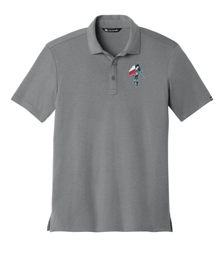 Grey Michigan State polo shirt with Sparty logo holding Texas flag on top right of chest area.