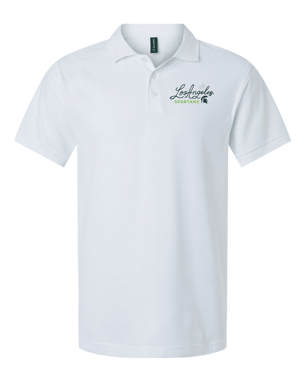 White Michigan State polo shirt with Los Angeles Spartans design.