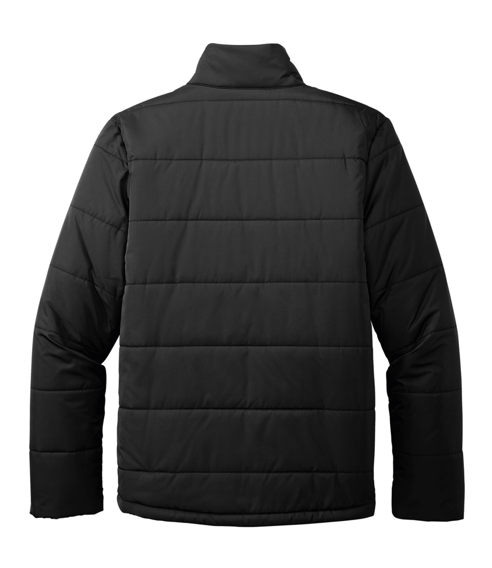 Backside of black Michigan State puffer jacket coat.