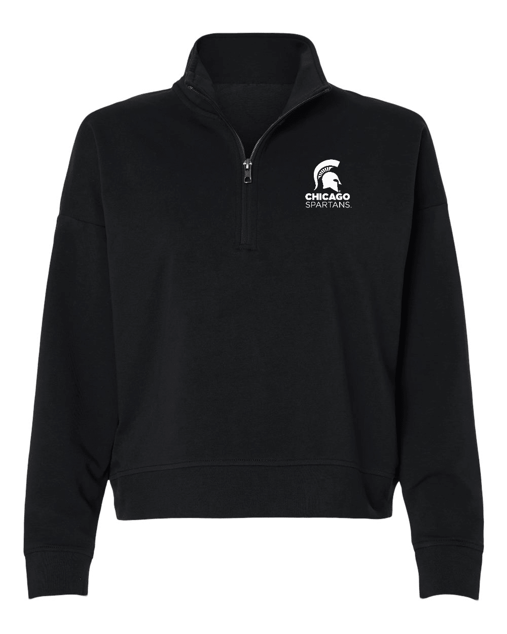 A black long-sleeve quarter-zip sweatshirt with a white Chicago State Spartans logo on the left chest, displayed on a clean white background.