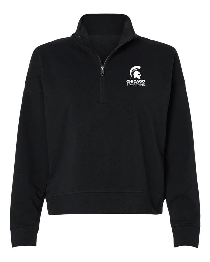 A black long-sleeve quarter-zip sweatshirt with a white Chicago State Spartans logo on the left chest, displayed on a clean white background.