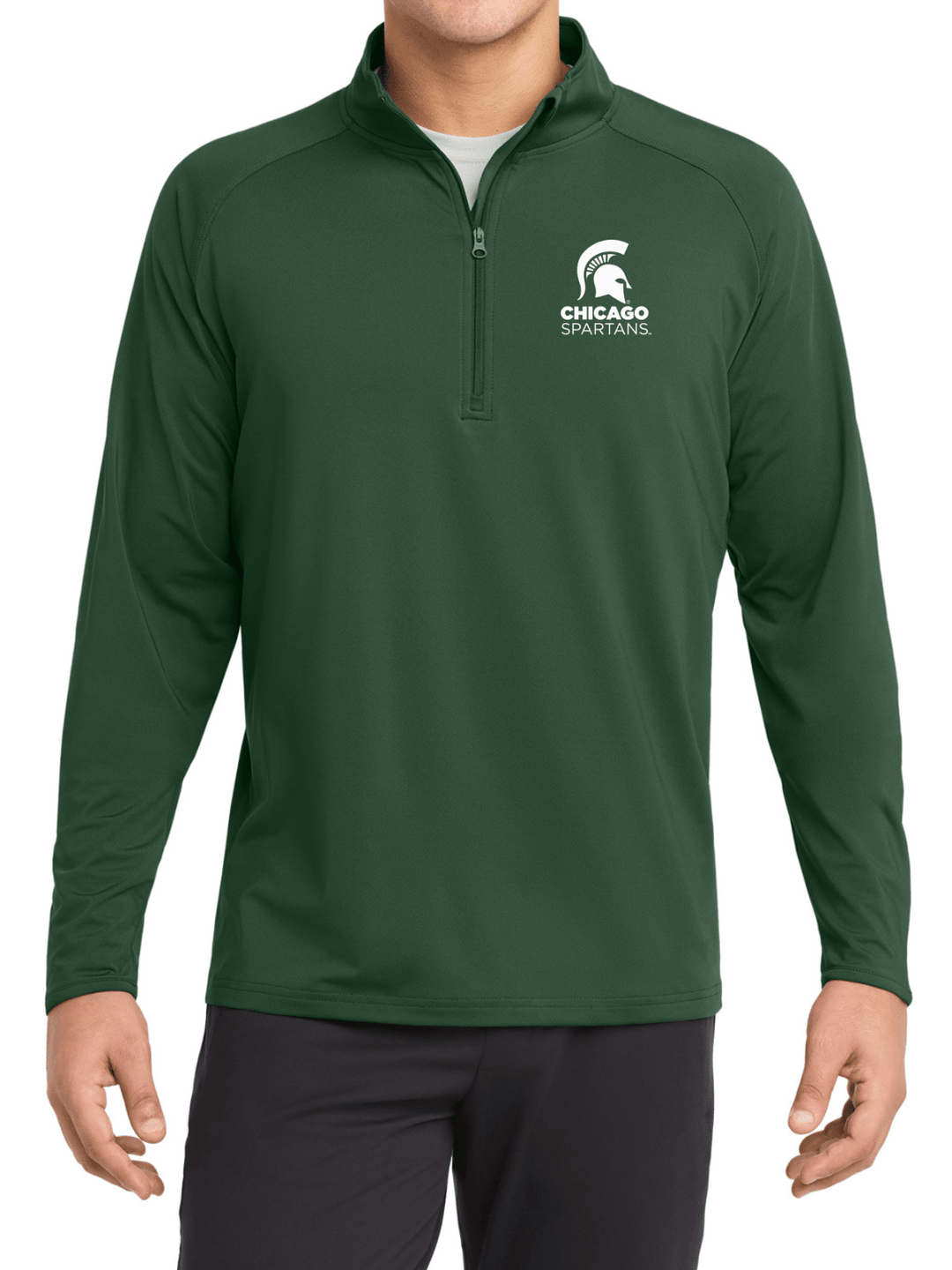 Green Michigan State Chicago Spartans quarter-zip on male model shot. 