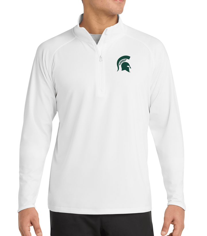 Male model wearing a white Michigan State quarter zip with green Spartan helmet printed on the left chest. 