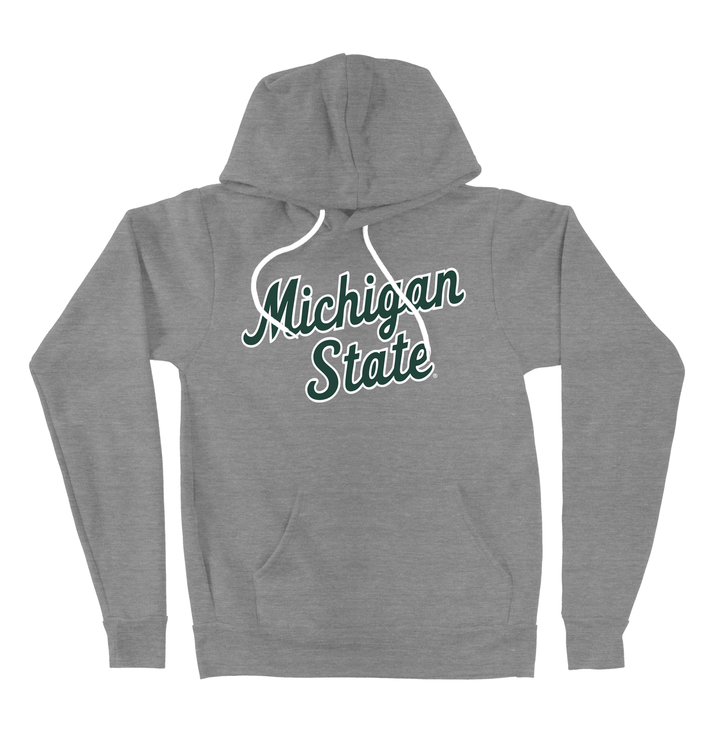 Front view of a grey Michigan State script hoodie from Nudge Printing