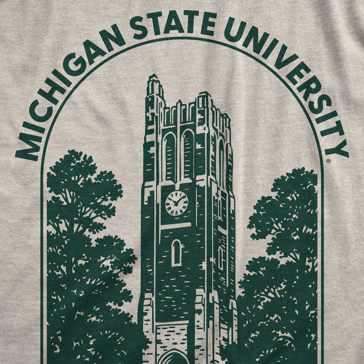 Close up view of Michigan State shirt with green Beaumont Tower design . 