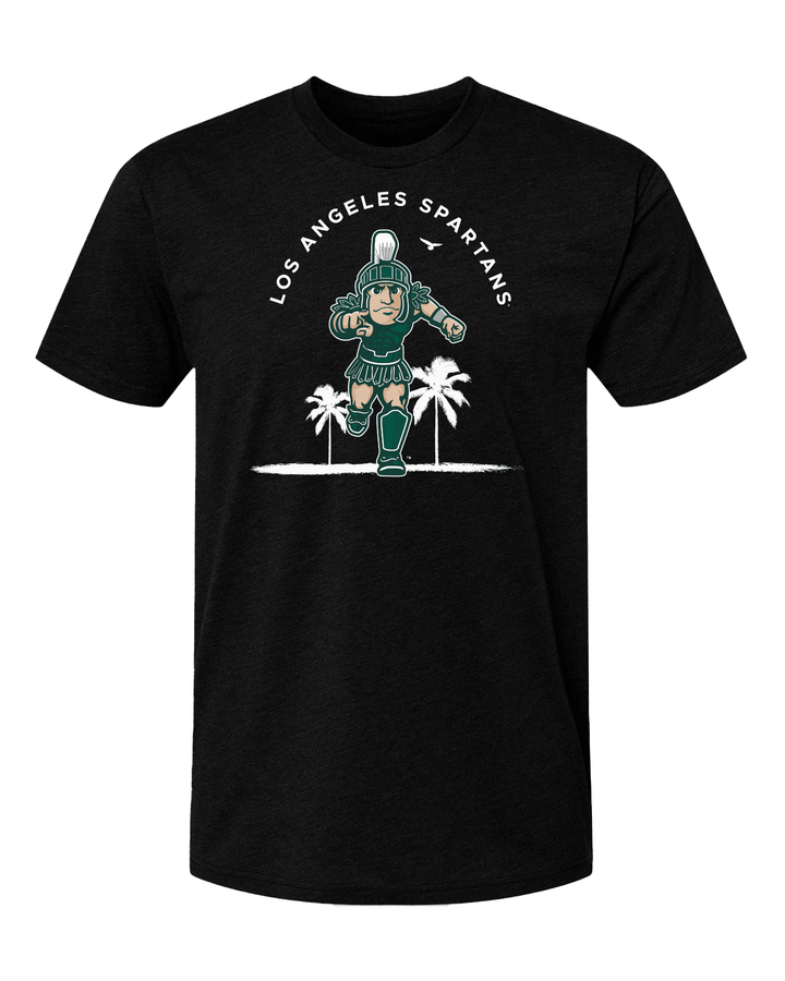 Black Michigan State Los Angeles Spartans shirt with Sparty logo and palm trees design. 