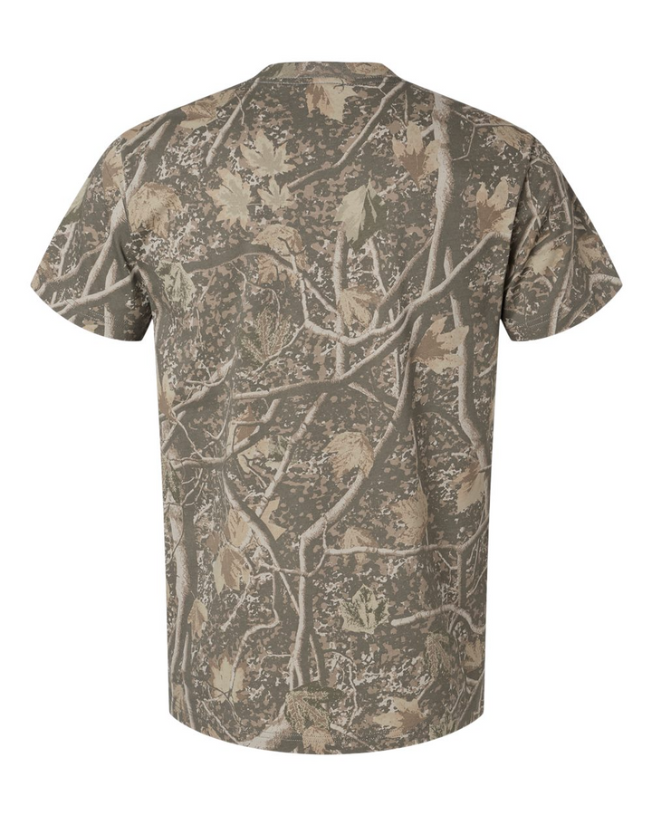 A short-sleeve crewneck t-shirt featuring an all-over woodland camouflage pattern with branches and leaves in shades of brown, beige, and gray, shown against a plain white background.