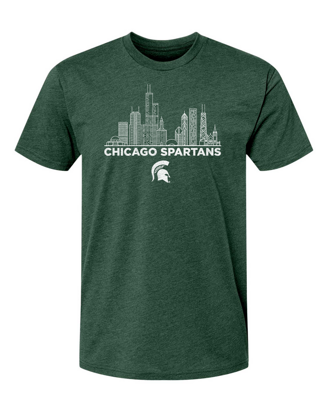 Green Michigan State Chicago Spartans shirt with Chicago skyline design across the chest.