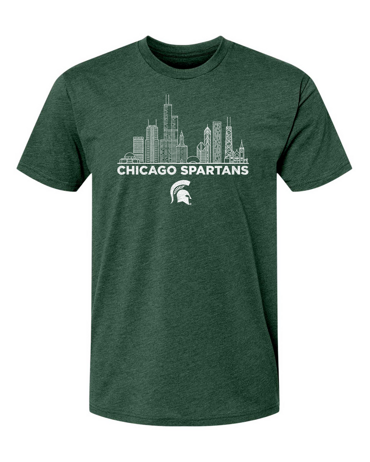 Green Michigan State Chicago Spartans shirt with Chicago skyline design across the chest.