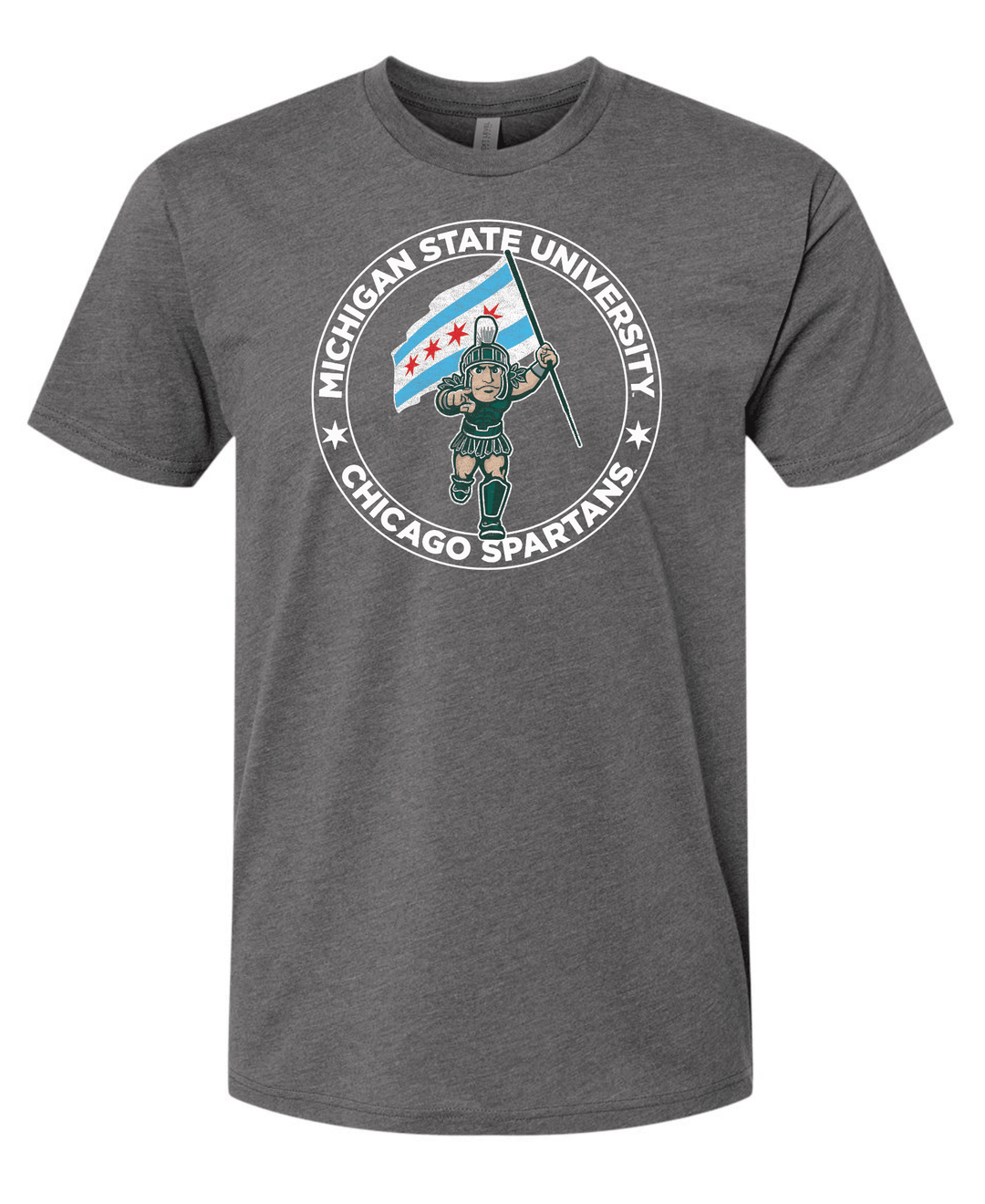 Grey Michigan State Chicago Spartans shirt with Sparty holding Chicago flag design across the middle. 