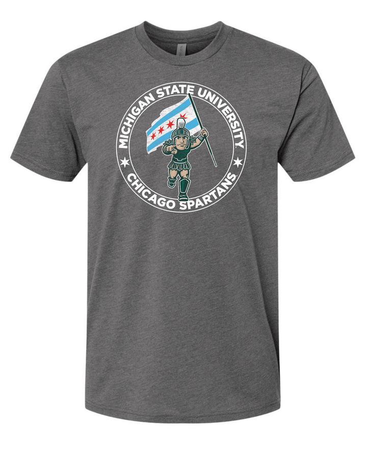 Grey Michigan State Chicago Spartans shirt with Sparty holding Chicago flag design across the middle. 
