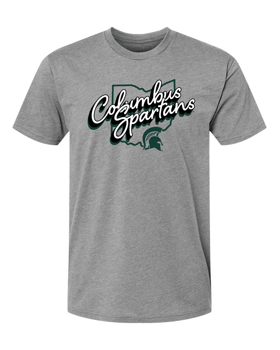 Grey t-shirt with 'Columbus Spartans' text and Ohio map design on a white background